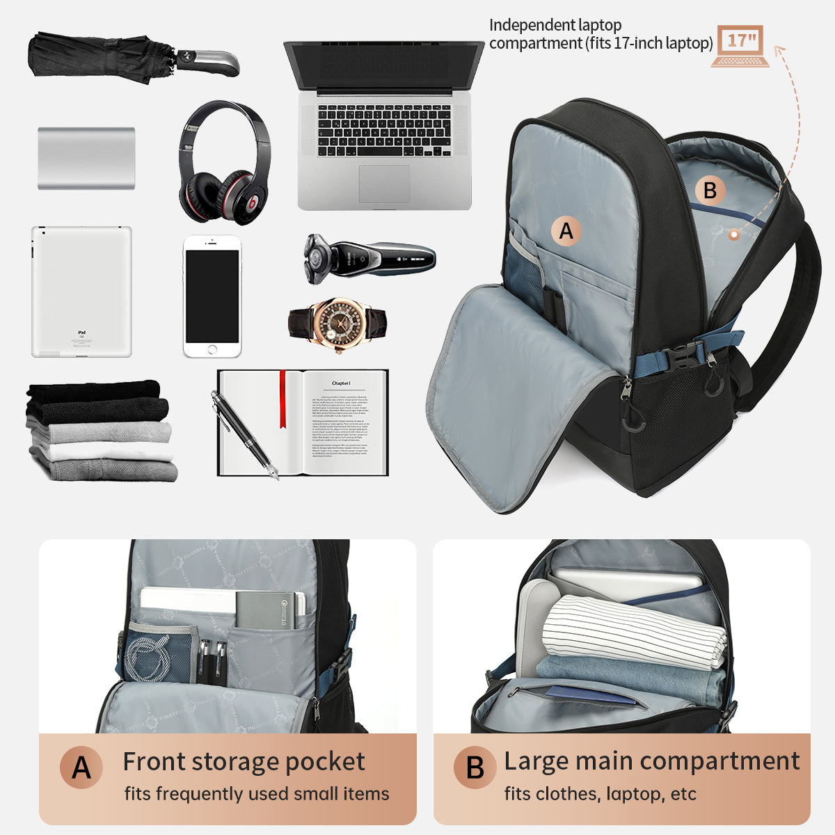 Tigernu T-B9021 17 inch Laptop Anti Theft Travel Office Backpack Bag